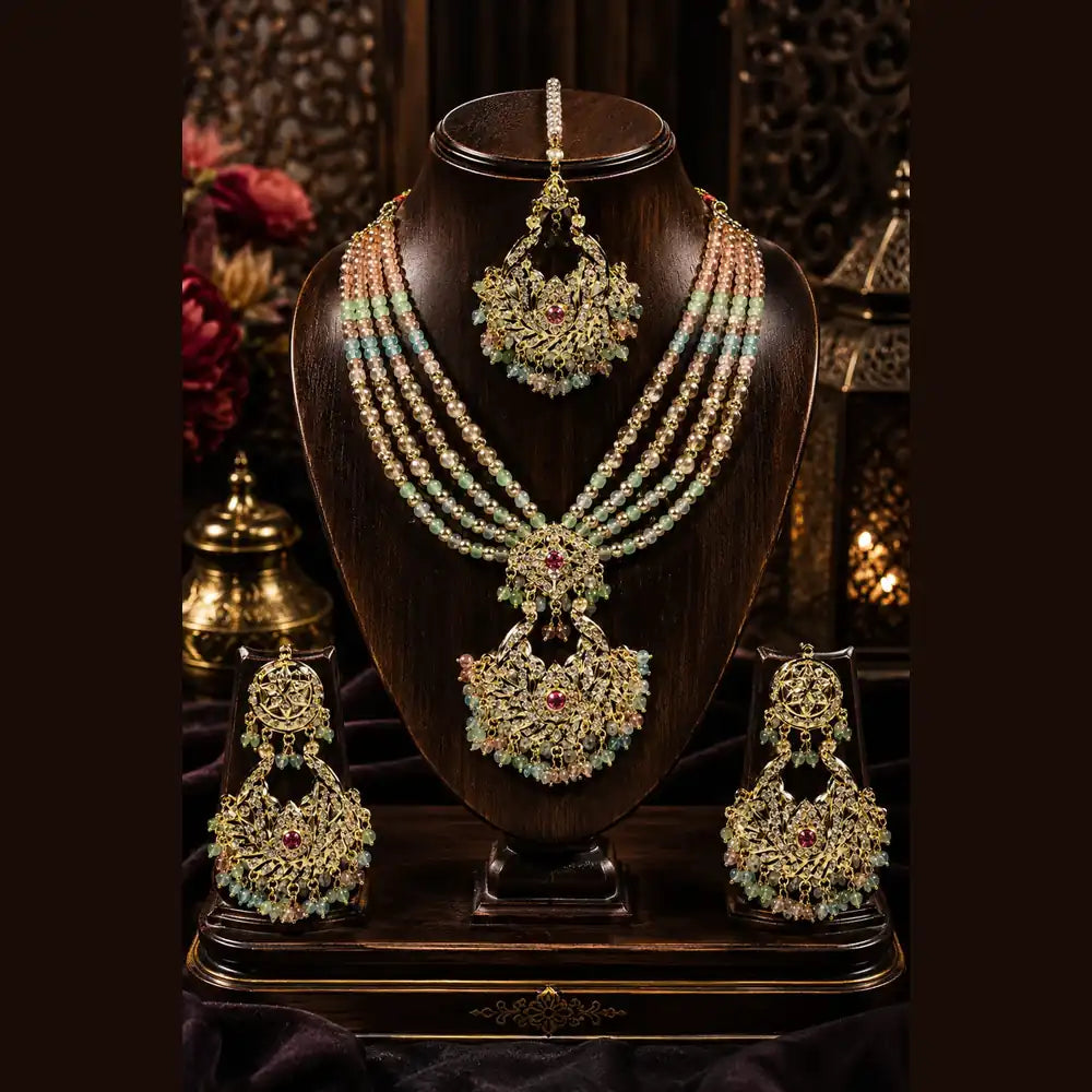 Handmade Royal Heritage Pearl & Stone Necklace Set | Necklace, Earrings & Maang Tikka Combo