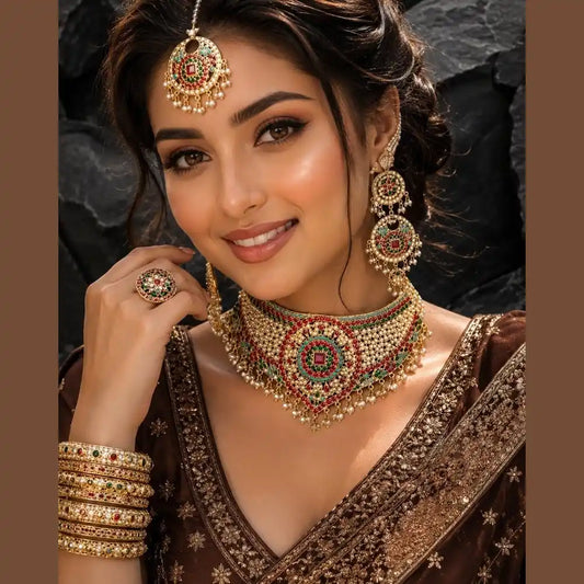 ZHome Royal Dulhan Gram Gold Jewellery Set | Bridal Necklace, Earrings & Maang Tikka Set