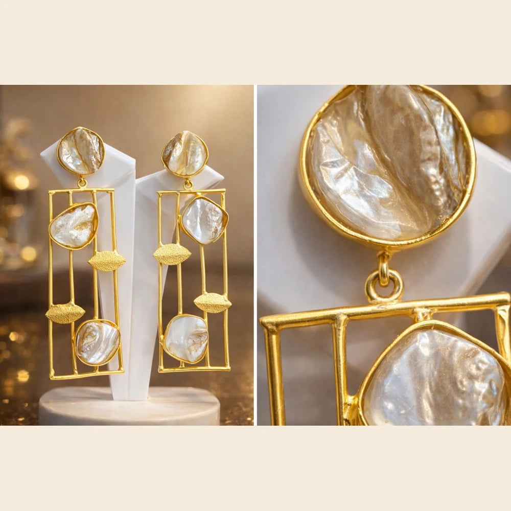 Premium brass one gram gold finish pearl statement earrings for women gold look designer imitation jewellery for wedding, party wear, festive and traditional collection by ZHome India