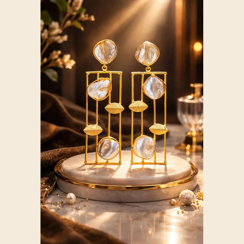 Premium brass one gram gold finish pearl statement earrings for women gold look designer imitation jewellery for wedding, party wear, festive and traditional collection by ZHome India