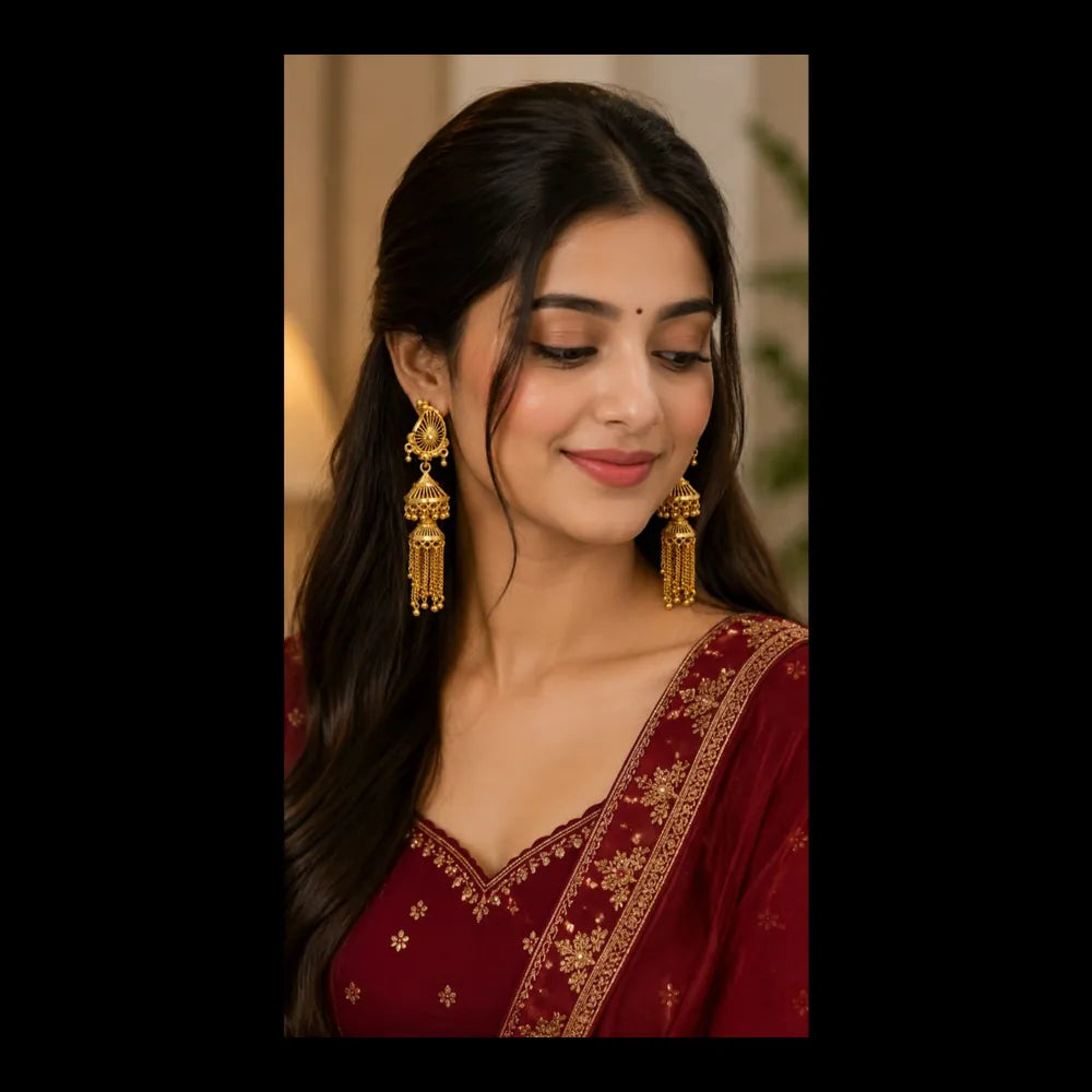 Traditional Gold Look Long Jhumka Earrings – Ethnic Drop Design
