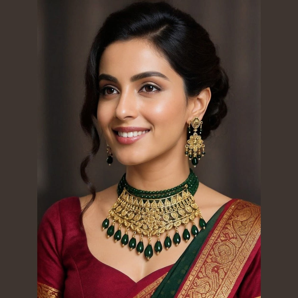 Green Crystal Choker Jewellery Set — Matte Gold Finish