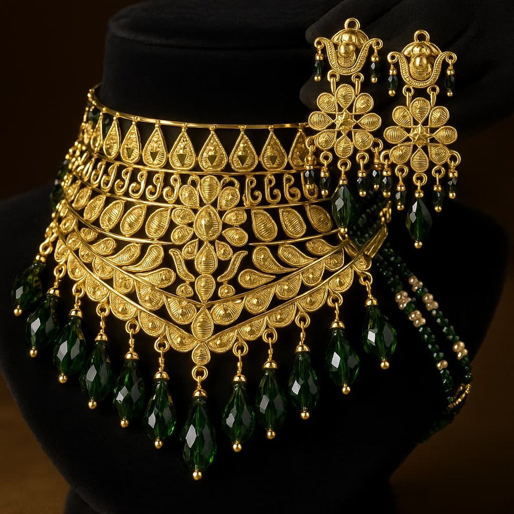 Green Crystal Choker Jewellery Set — Matte Gold Finish