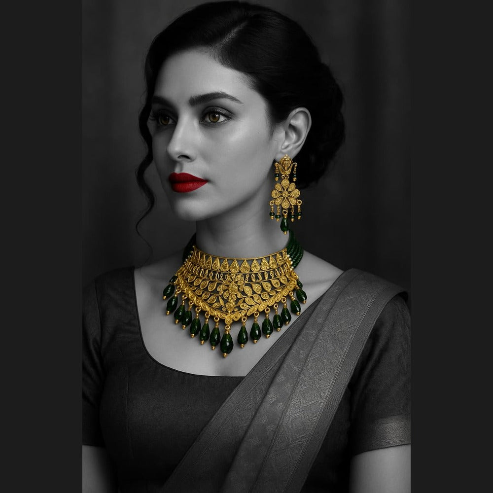 Green Crystal Choker Jewellery Set — Matte Gold Finish