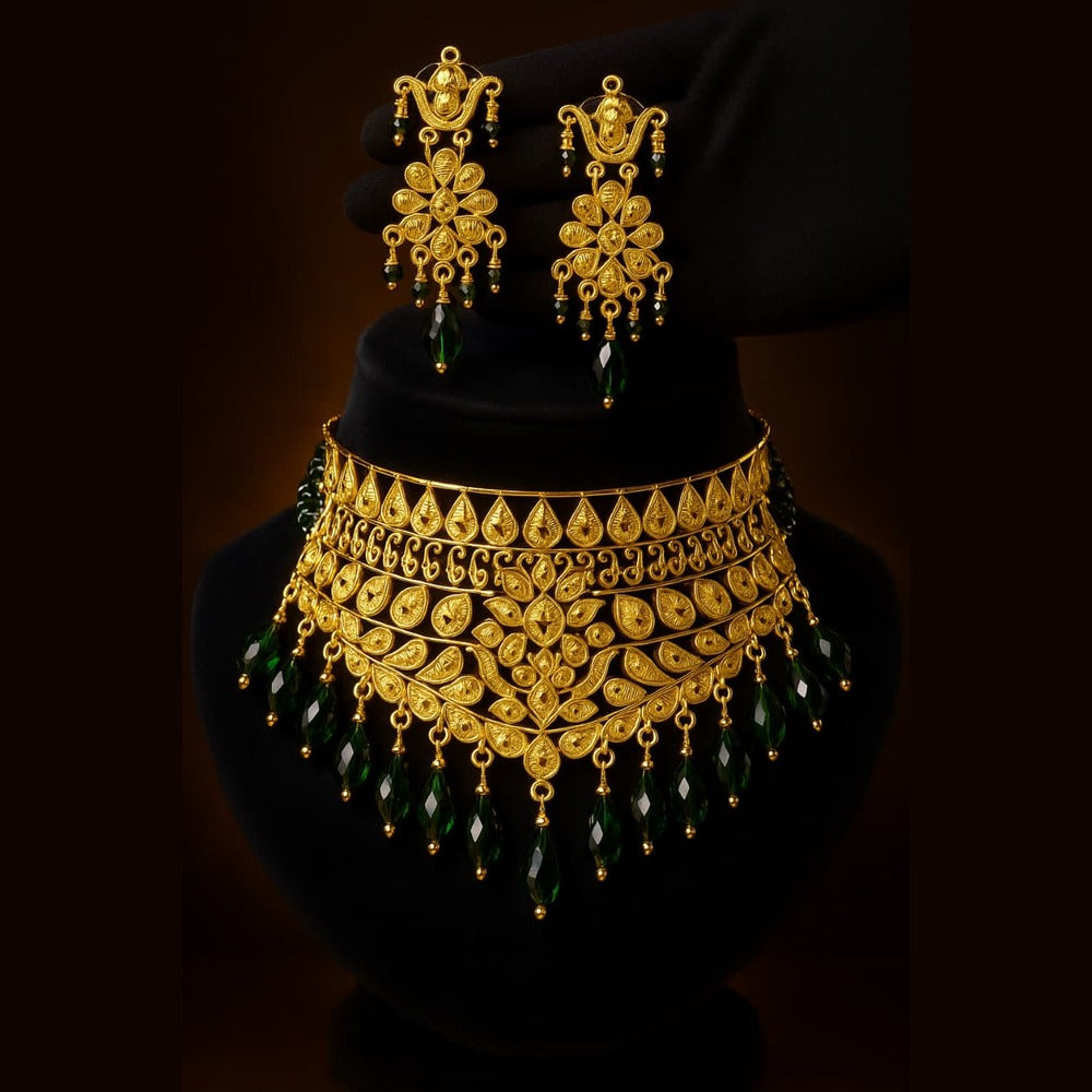 Green Crystal Choker Jewellery Set — Matte Gold Finish