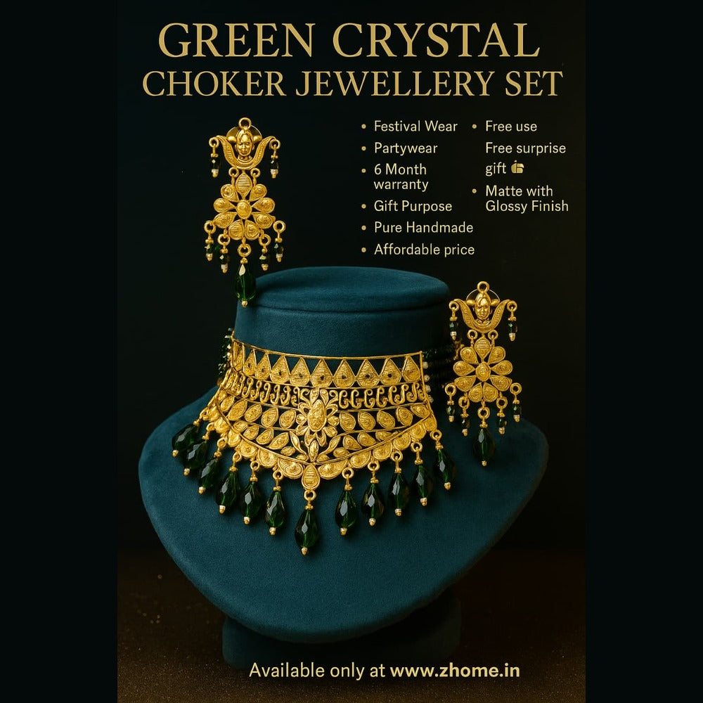 Green Crystal Choker Jewellery Set — Matte Gold Finish