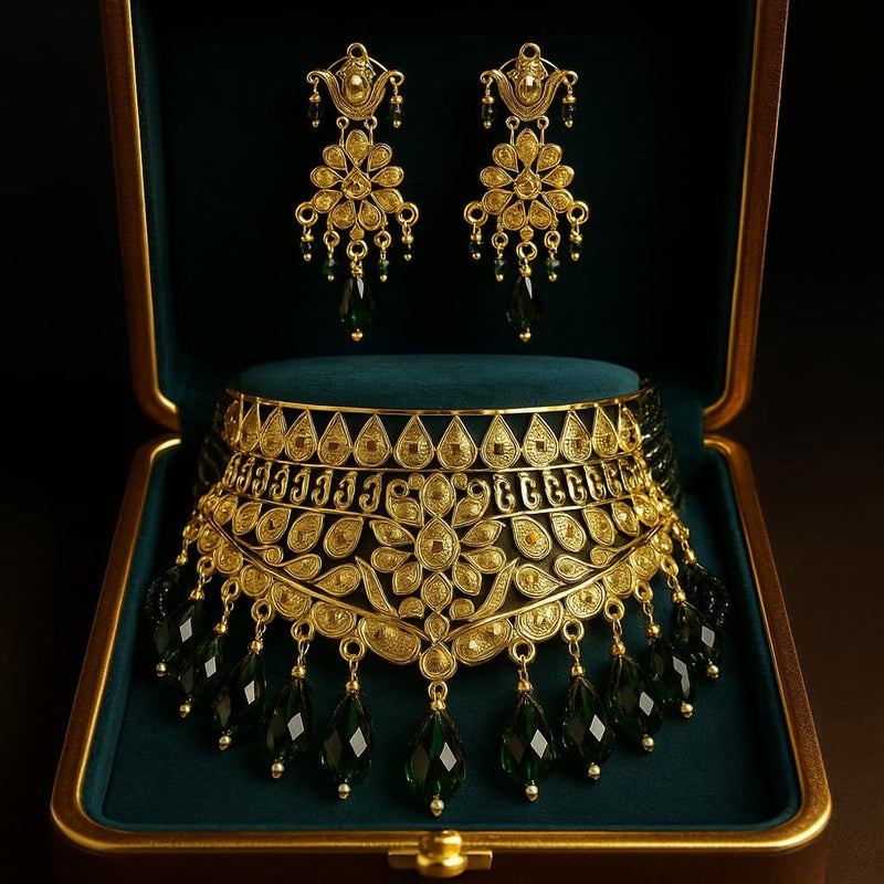 Green Crystal Choker Jewellery Set — Matte Gold Finish