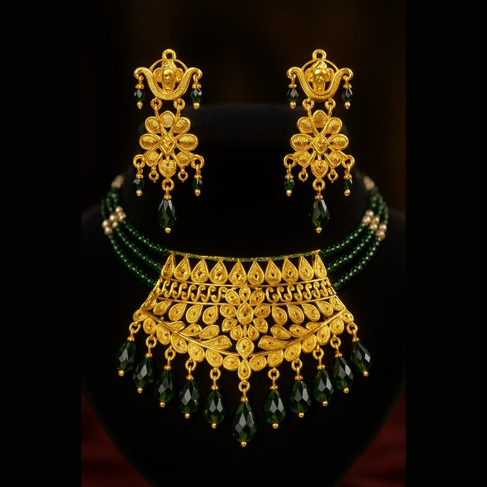 Green Crystal Choker Jewellery Set — Matte Gold Finish
