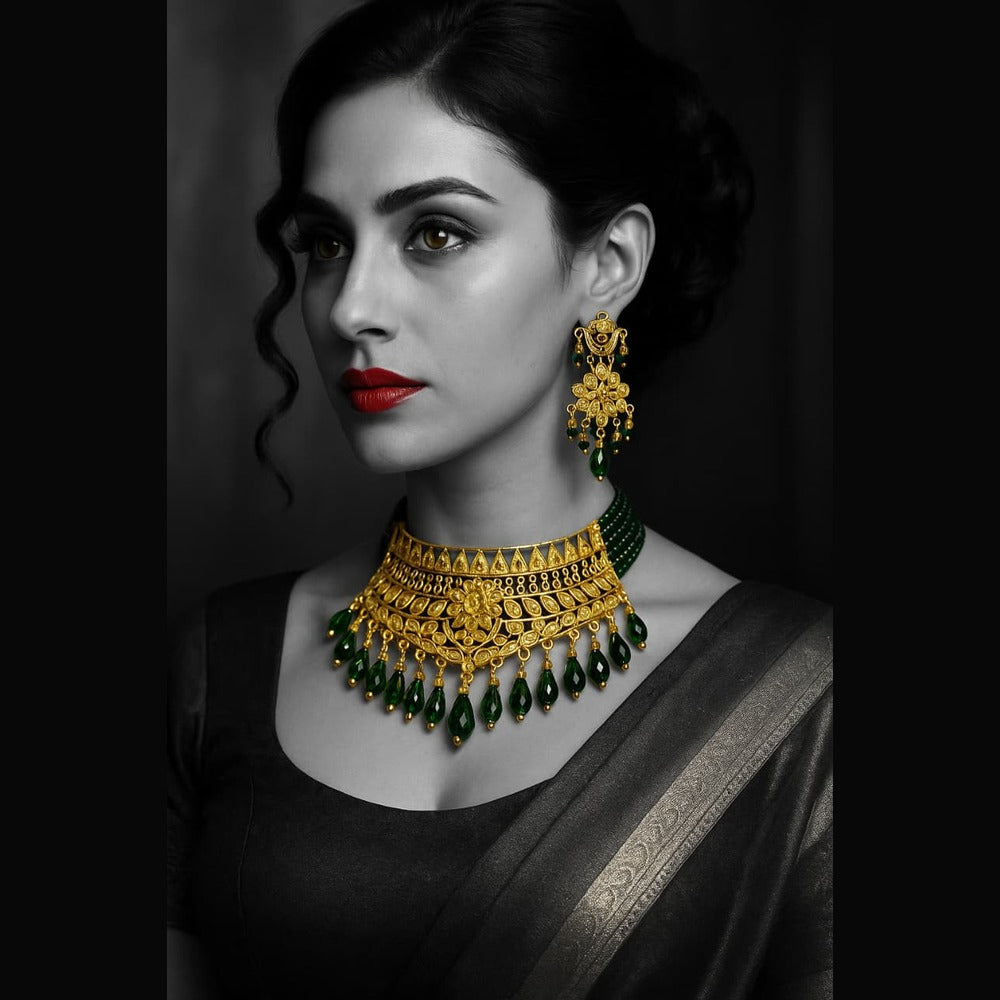 Green Crystal Choker Jewellery Set — Matte Gold Finish