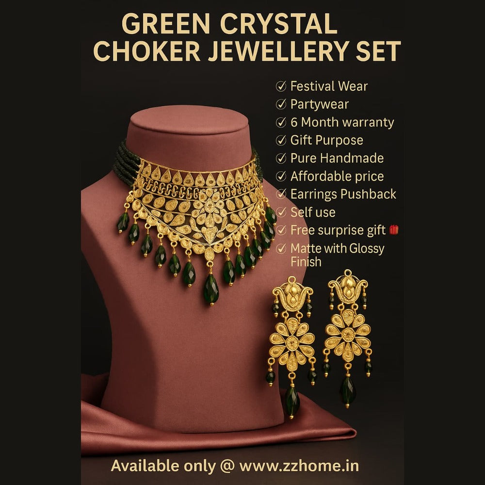 Green Crystal Choker Jewellery Set — Matte Gold Finish
