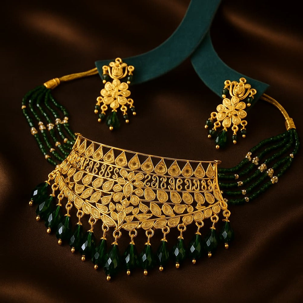 Green Crystal Choker Jewellery Set — Matte Gold Finish