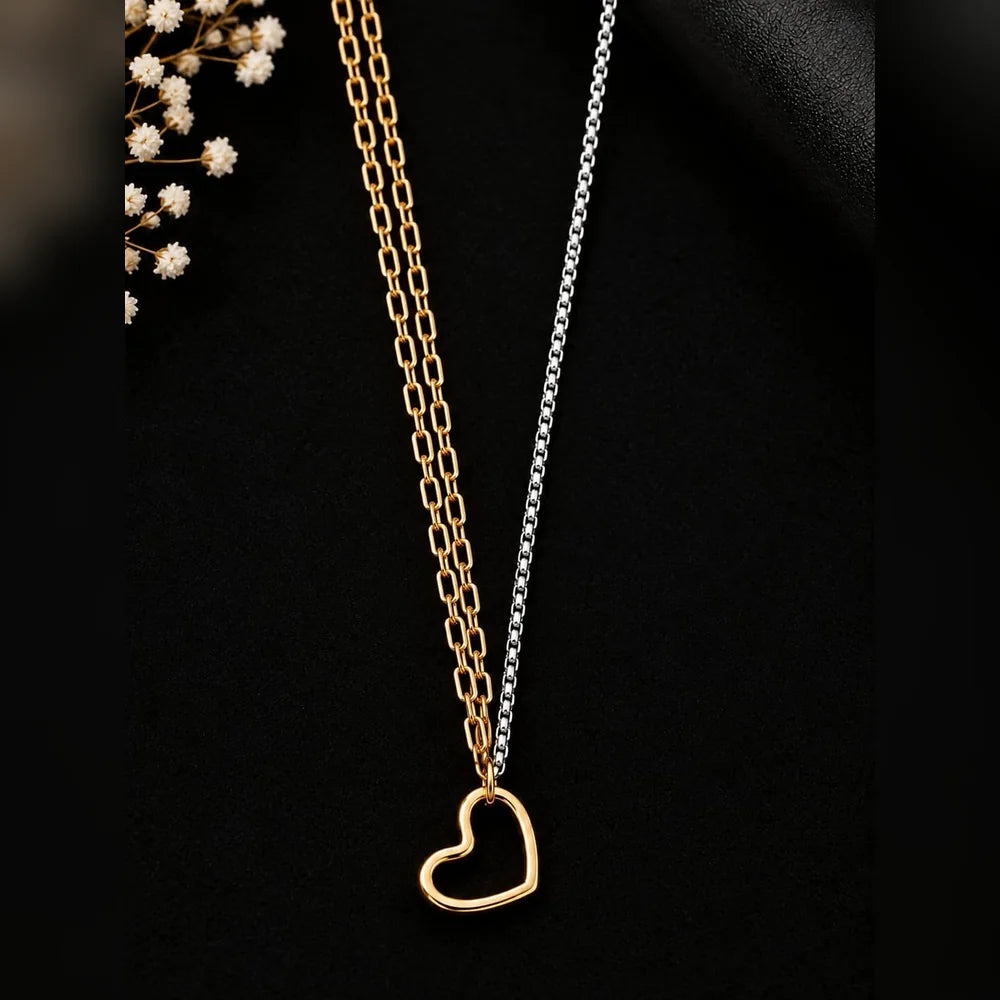 Dual Tone Heart Pendant Chain for Women – Gold & Silver Finish