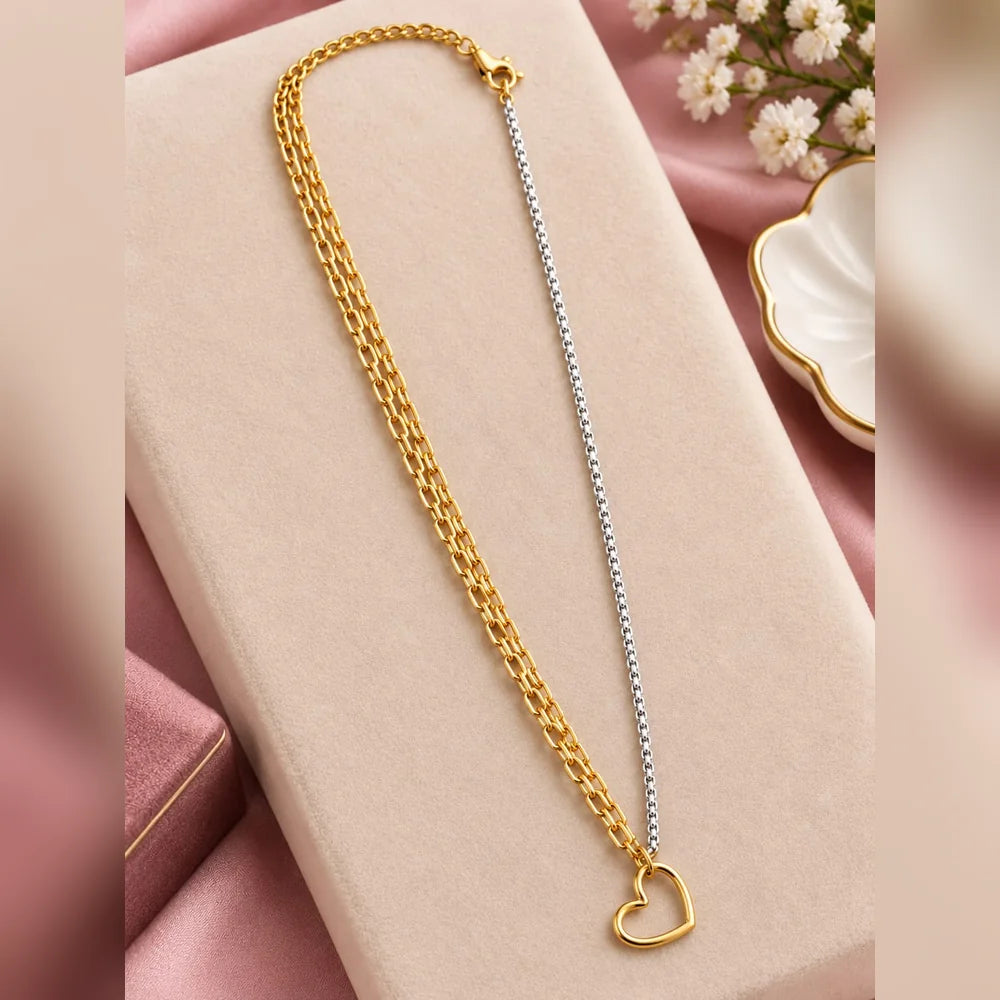Dual Tone Heart Pendant Chain for Women – Gold & Silver Finish