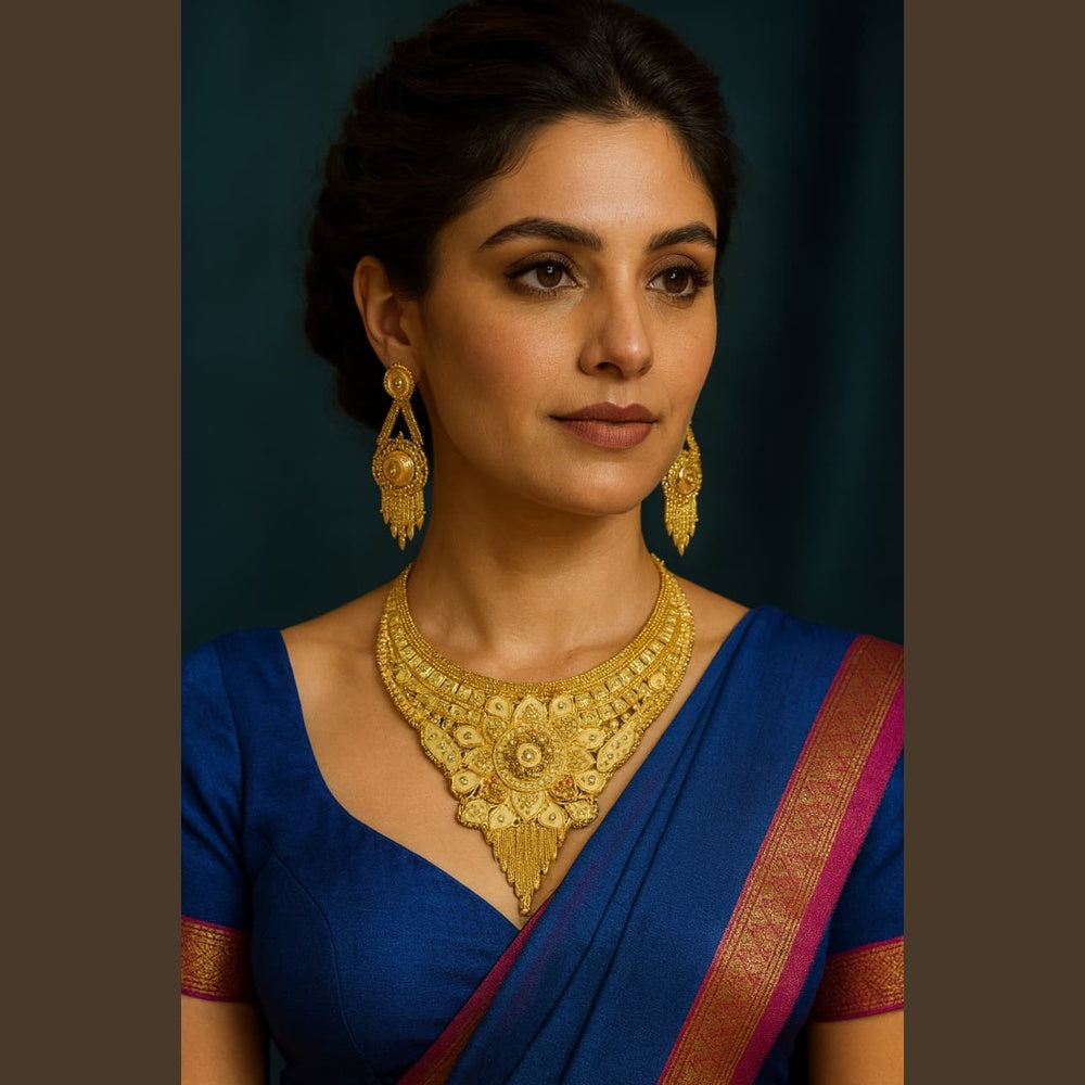 ZHOME Model in blue saree wearing RealGold Heavy Necklace Set – royal traditional style