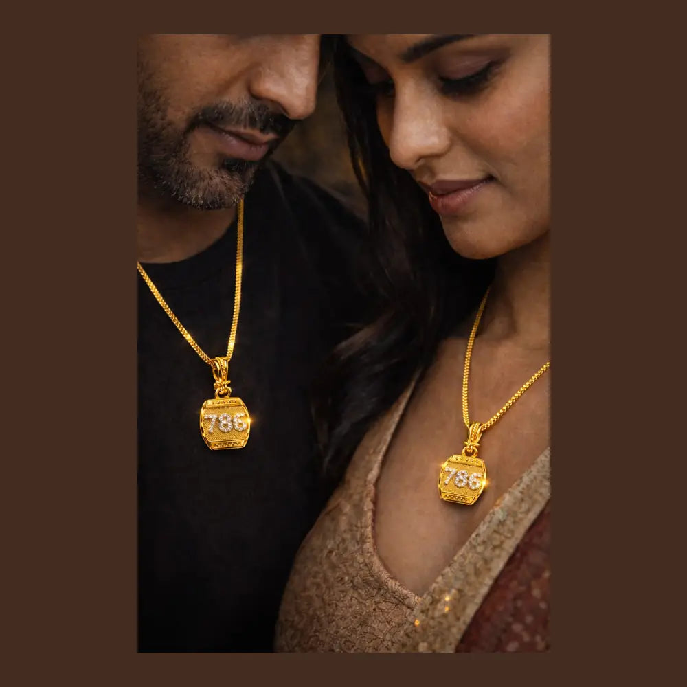 786 Blessing Gold Pendant Necklace for Men & Women – Luxury Stone Studded Chain