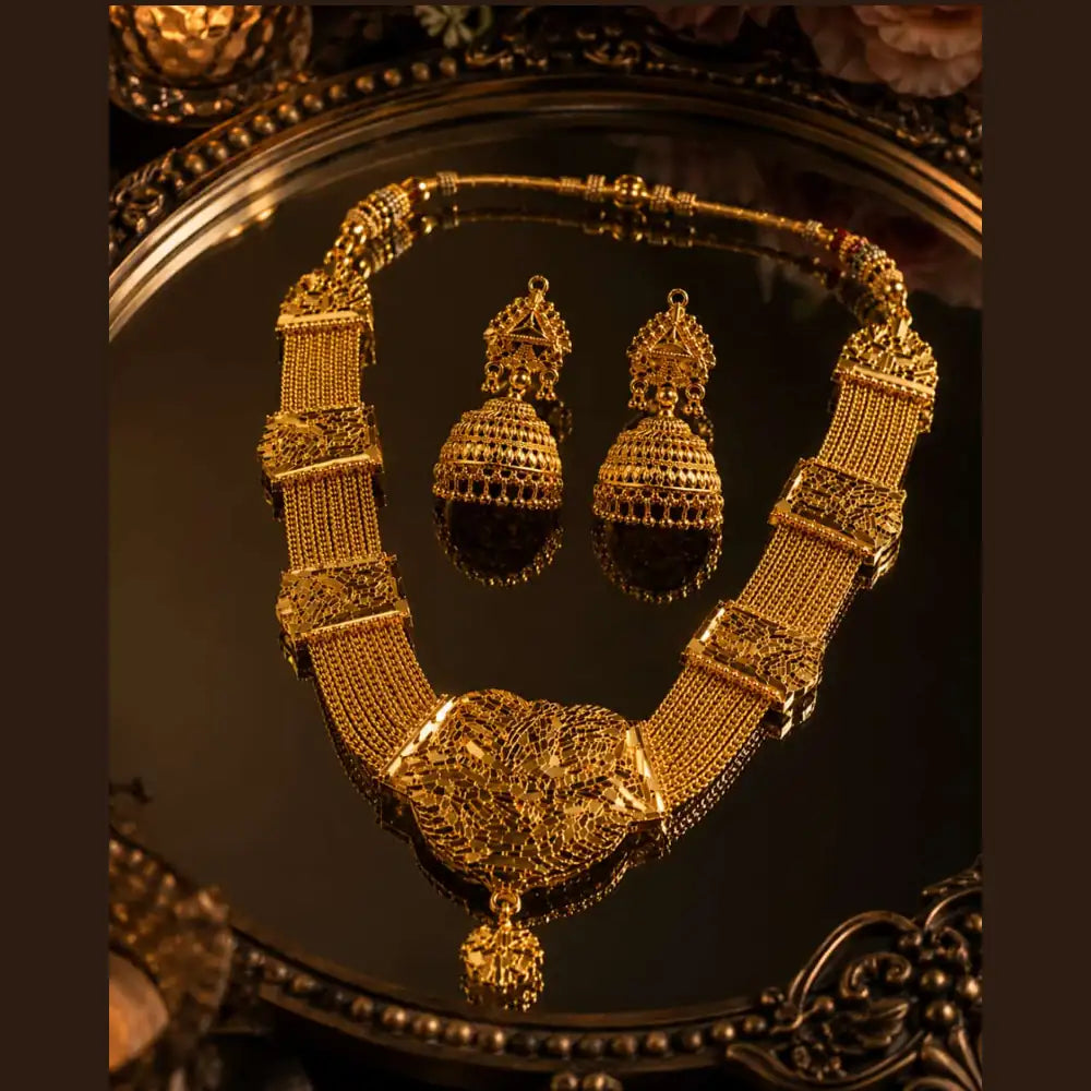 Traditional Gold Finish Multi-Layer Necklace Set with Jhumka Earrings for Women