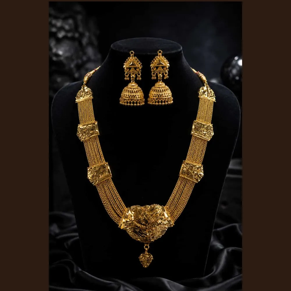 Traditional Gold Finish Multi-Layer Necklace Set with Jhumka Earrings for Women
