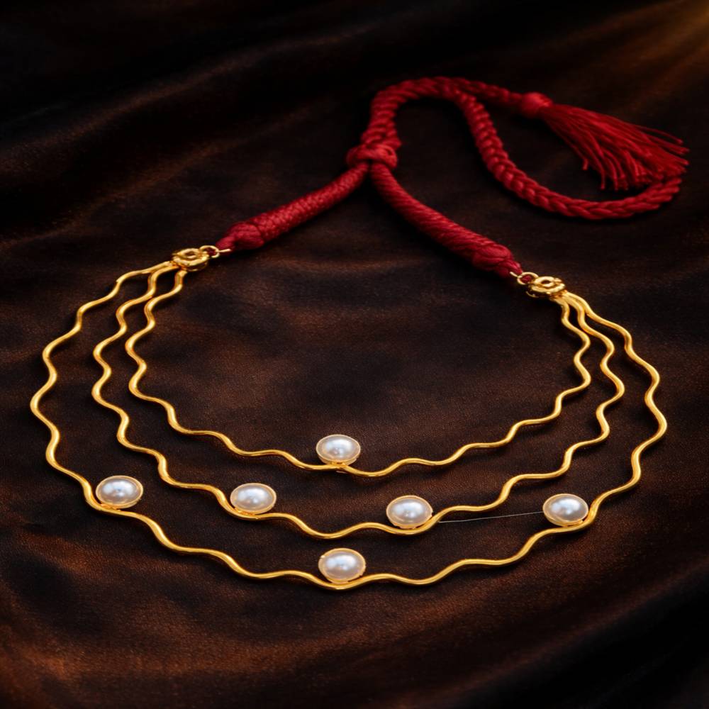 Elegant 3 Layer Pearl Wave Necklace – Gold Plated Designer Necklace | ZHome