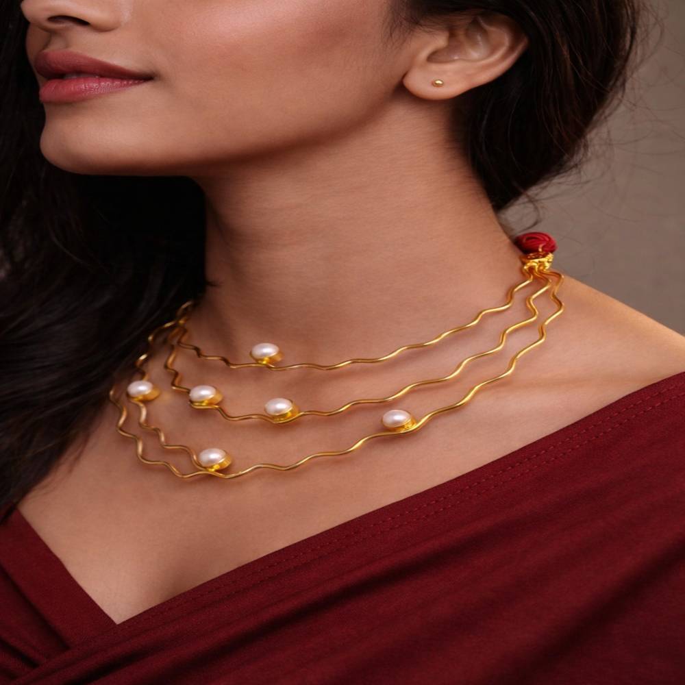 Elegant 3 Layer Pearl Wave Necklace – Gold Plated Designer Necklace | ZHome