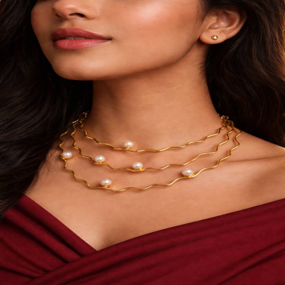 Elegant 3 Layer Pearl Wave Necklace – Gold Plated Designer Necklace | ZHome
