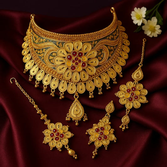 ZHOME Flat Lay of Jhodha Haar Set on Maroon Silk – Complete OneGram Gold Jewellery Collection