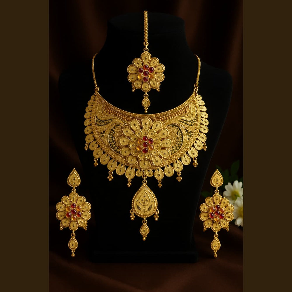 ZHOME Jhodha Haar Choker Close-Up – RealGold fine engraved work with shining red gemstones