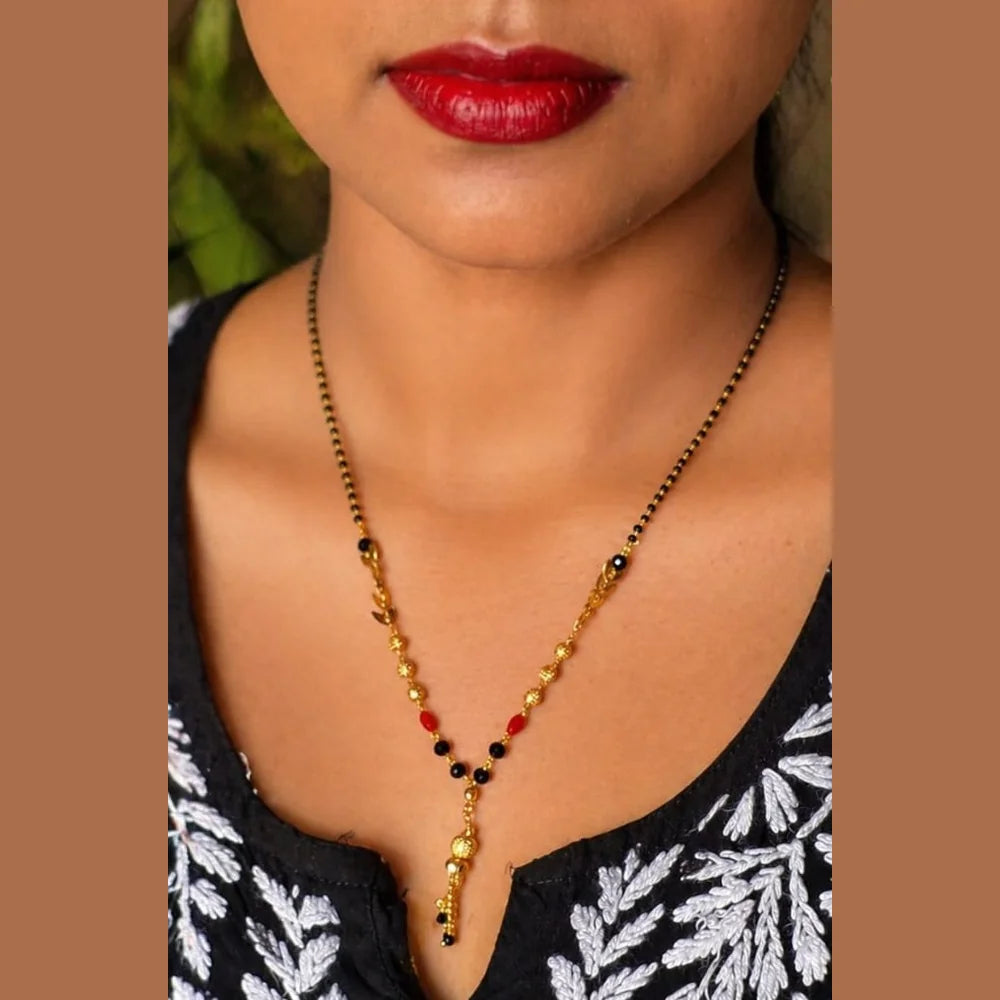 Real Gold Look Short Black Beads Mangalsutra with White AD Pendant – Daily Wear