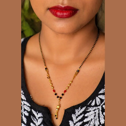 Real Gold Look Short Black Beads Mangalsutra with White AD Pendant – Daily Wear