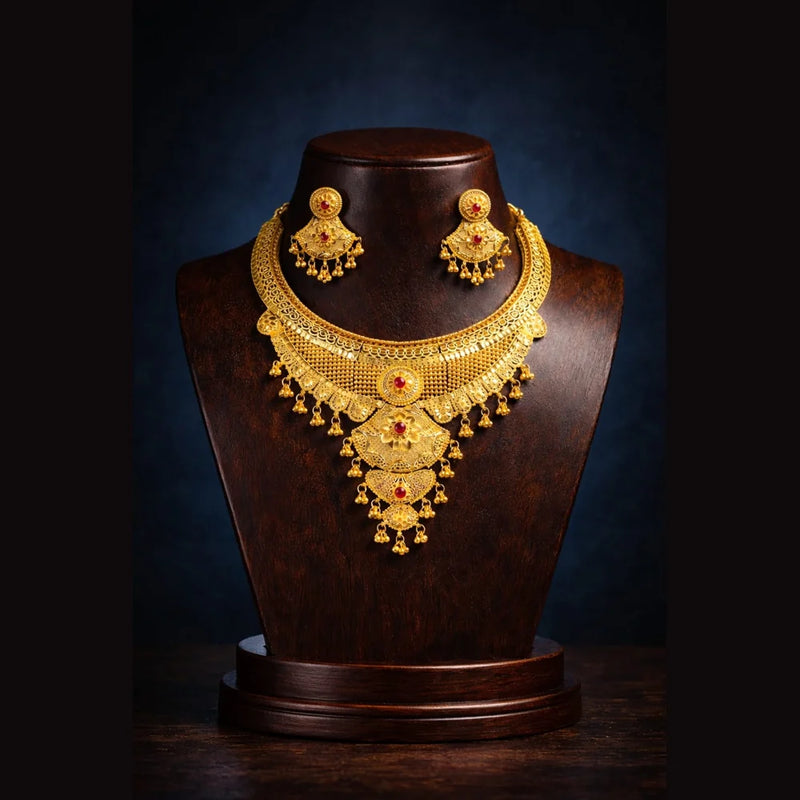 Handmade Premium One Gram Gold Plated Traditional Necklace Set with Ruby Red Stones for Women