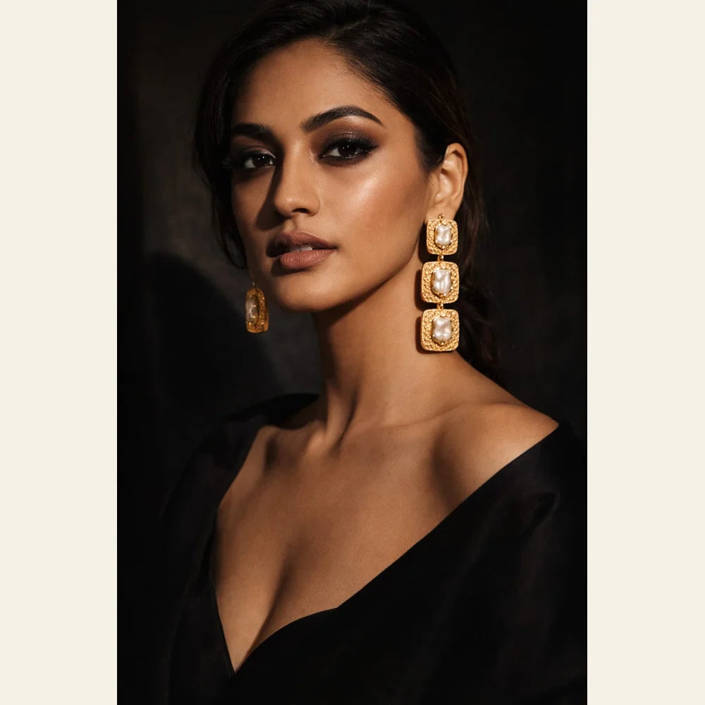 Premium brass one gram gold finished pearl statement earrings for women luxury designer imitation jewellery for wedding and party wear by ZHome