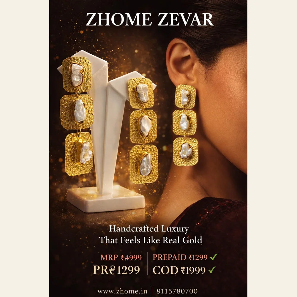 Premium brass one gram gold finished pearl statement earrings for women luxury designer imitation jewellery for wedding and party wear by ZHome