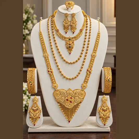 Royal Gold-Plated Traditional Bridal Jewellery Set with Long Haar, Choker, Earrings, Bangles & Ring