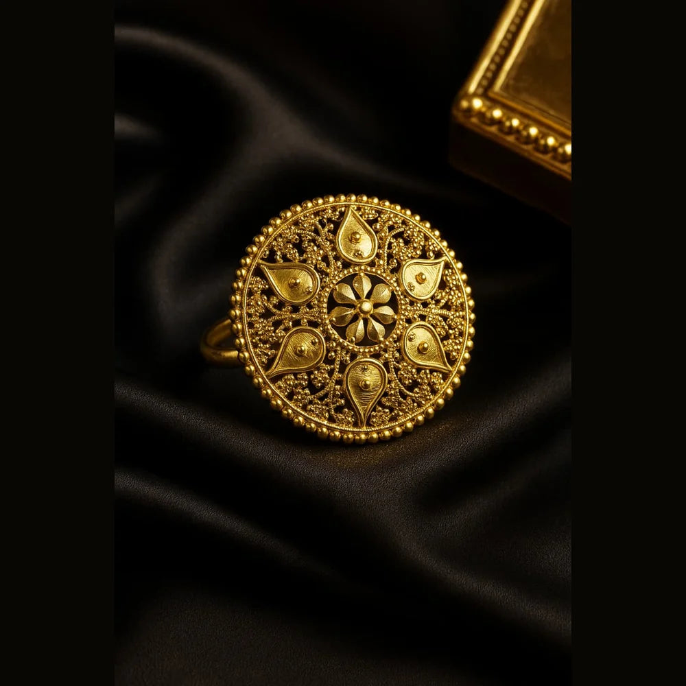 Zhome Round Filigree Gold-Look Adjustable Ring — Onegram Gold Plated Handmade Design with Real Gold Shine, Lightweight, Adjustable Size, and Gift Box Presentation.
