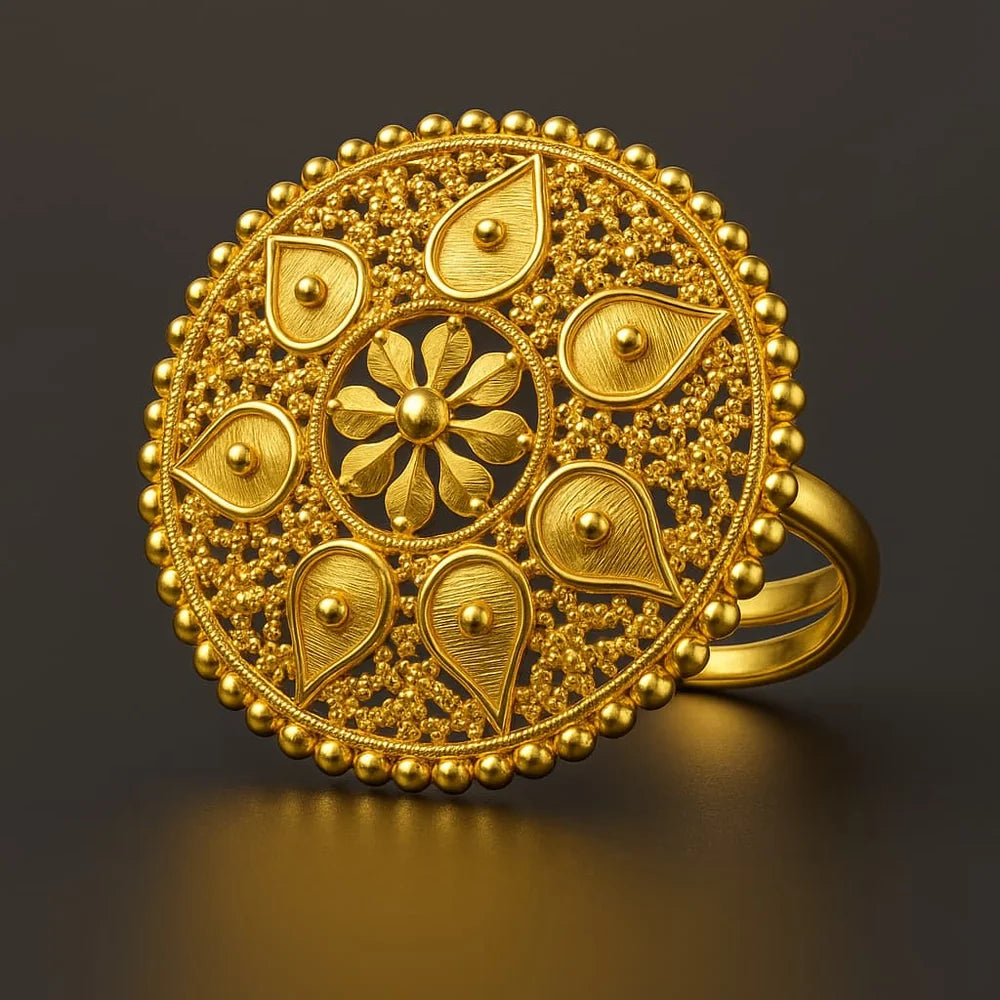Zhome Round Filigree Gold-Look Adjustable Ring — Onegram Gold Plated Handmade Design with Real Gold Shine, Lightweight, Adjustable Size, and Gift Box Presentation.