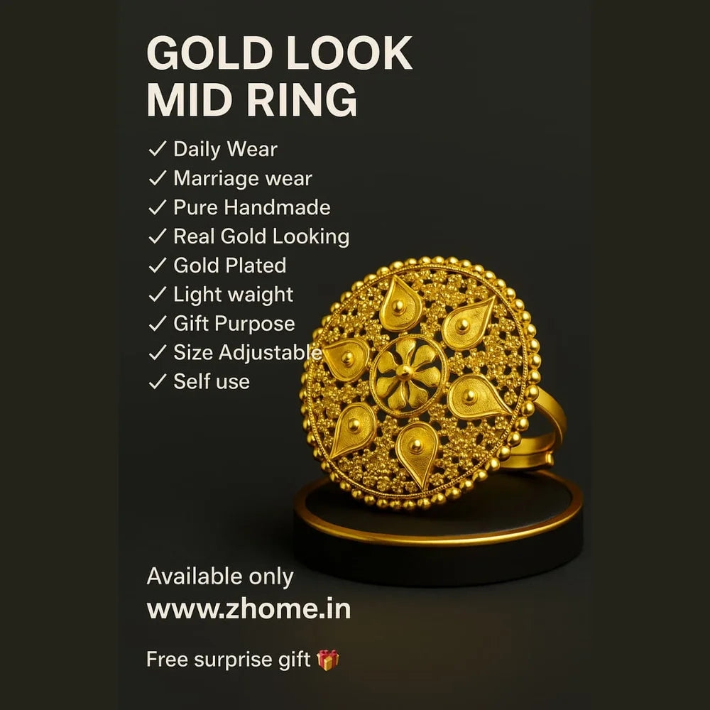 Zhome Round Filigree Gold-Look Adjustable Ring — Onegram Gold Plated Handmade Design with Real Gold Shine, Lightweight, Adjustable Size, and Gift Box Presentation.