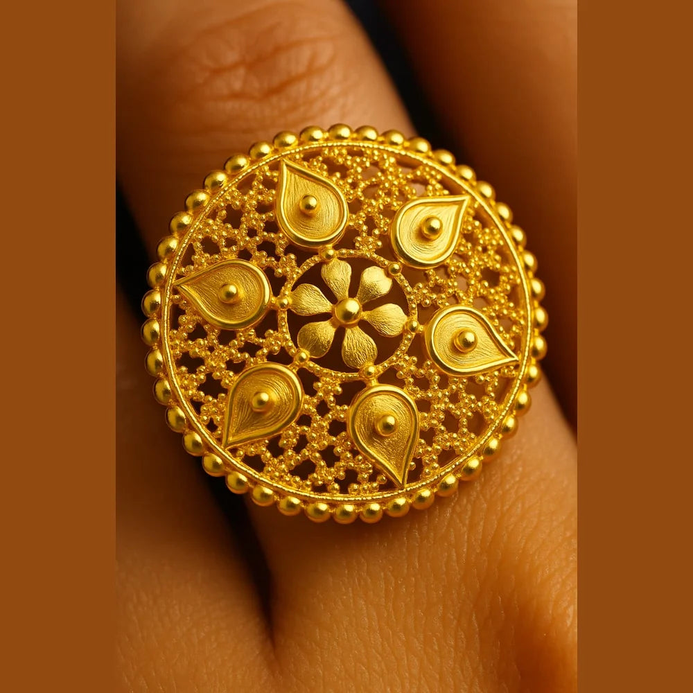 Zhome Round Filigree Gold-Look Adjustable Ring — Onegram Gold Plated Handmade Design with Real Gold Shine, Lightweight, Adjustable Size, and Gift Box Presentation.
