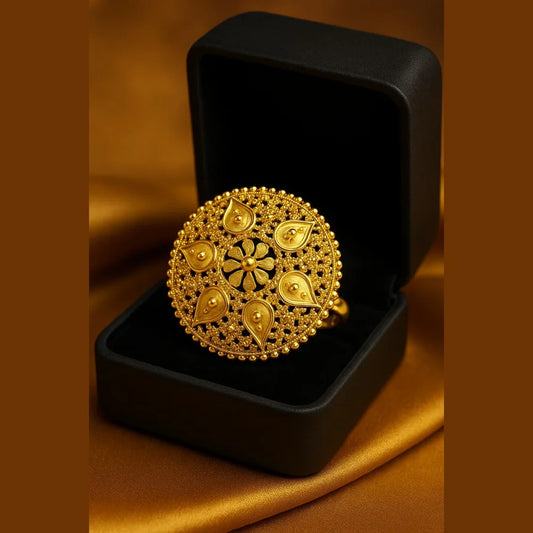 Zhome Round Filigree Gold-Look Adjustable Ring — Onegram Gold Plated Handmade Design with Real Gold Shine, Lightweight, Adjustable Size, and Gift Box Presentation.