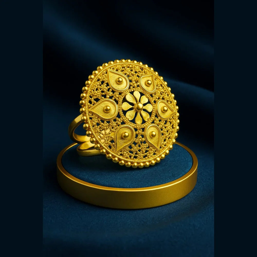 Zhome Round Filigree Gold-Look Adjustable Ring — Onegram Gold Plated Handmade Design with Real Gold Shine, Lightweight, Adjustable Size, and Gift Box Presentation.