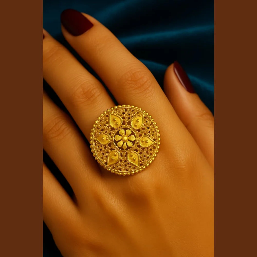 Zhome Round Filigree Gold-Look Adjustable Ring — Onegram Gold Plated Handmade Design with Real Gold Shine, Lightweight, Adjustable Size, and Gift Box Presentation.