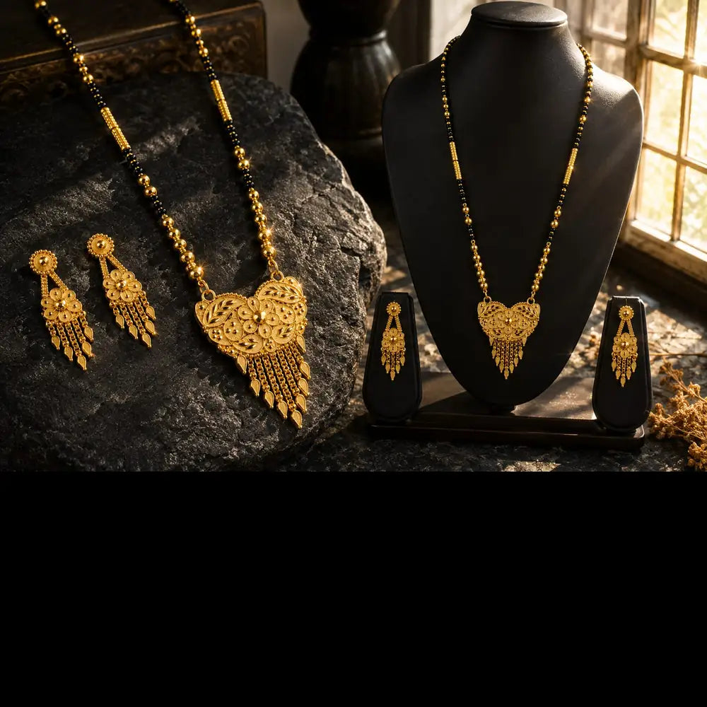 Exclusive Long Gold Plated Mangalsutra with Designer Pendant & Earrings