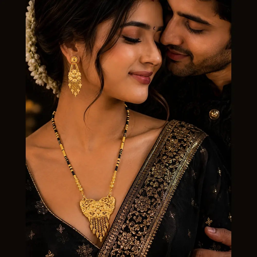 Exclusive Long Gold Plated Mangalsutra with Designer Pendant & Earrings