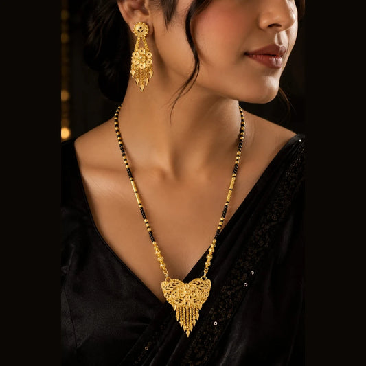 Exclusive Long Gold Plated Mangalsutra with Designer Pendant & Earrings