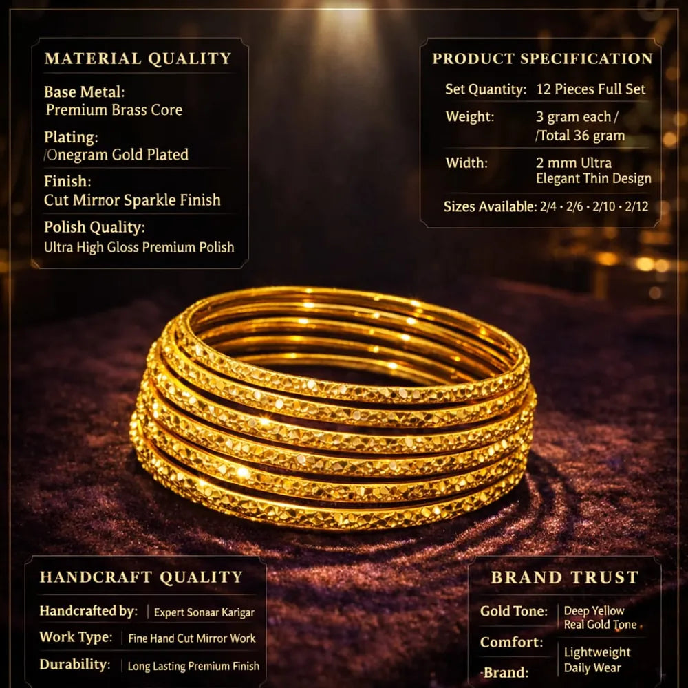 Premium One Gram Gold Plated Thin Bangles Set (12 Pieces, 2mm Width)