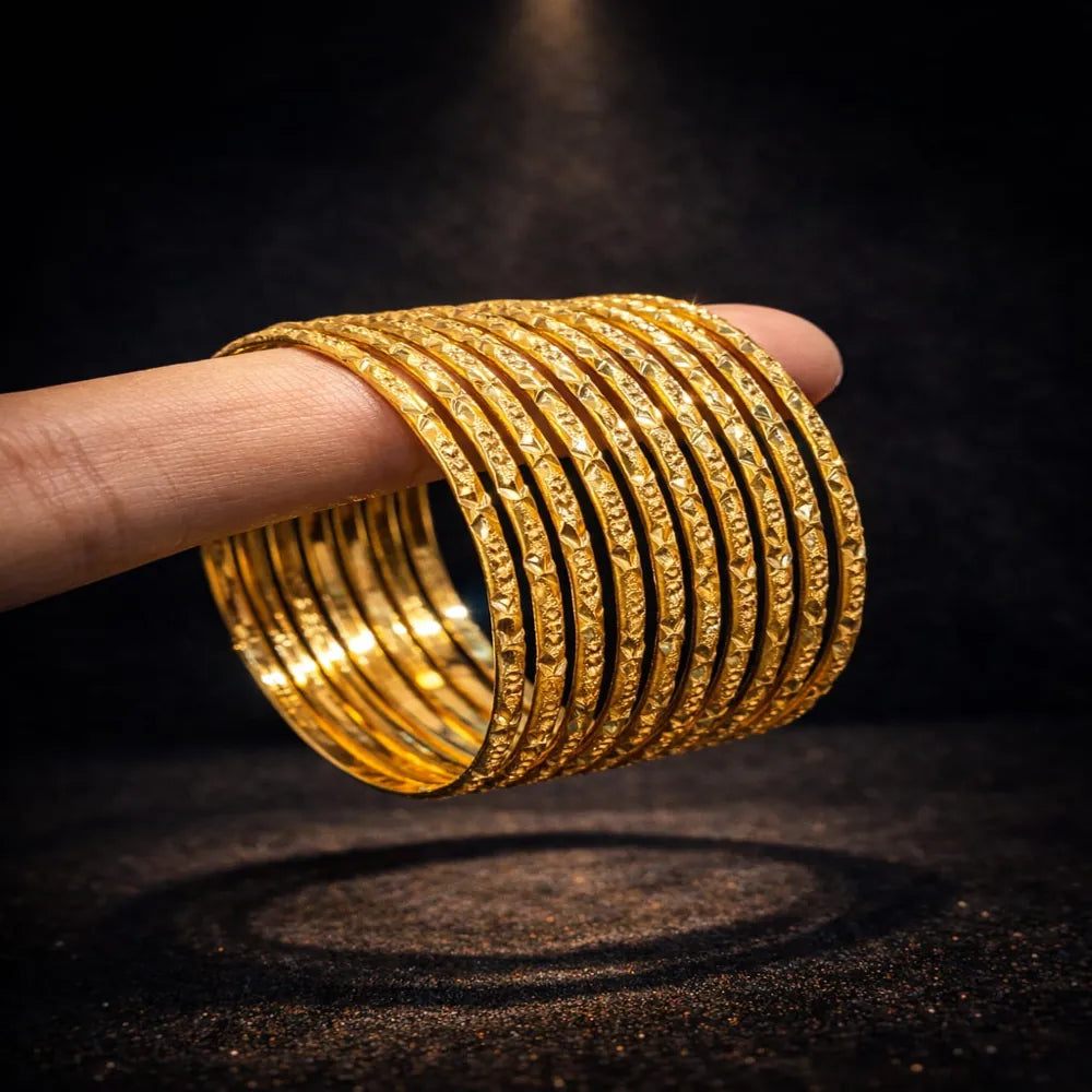 Premium One Gram Gold Plated Thin Bangles Set (12 Pieces, 2mm Width)