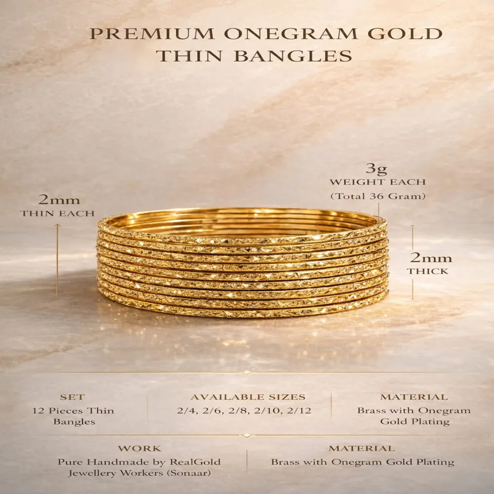 Premium One Gram Gold Plated Thin Bangles Set (12 Pieces, 2mm Width)