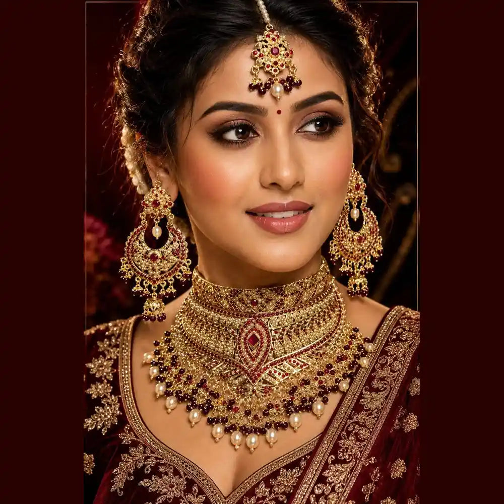 Royal Red Crystal Choker Necklace Set with Earrings – Handmade Gold-Plated Bridal Jewellery
