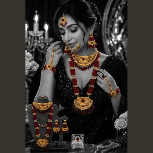 Royal Red Beaded Bridal Jewellery Set with Gold-Tone Necklace, Choker, Earrings, Nath & Hand Jewellery