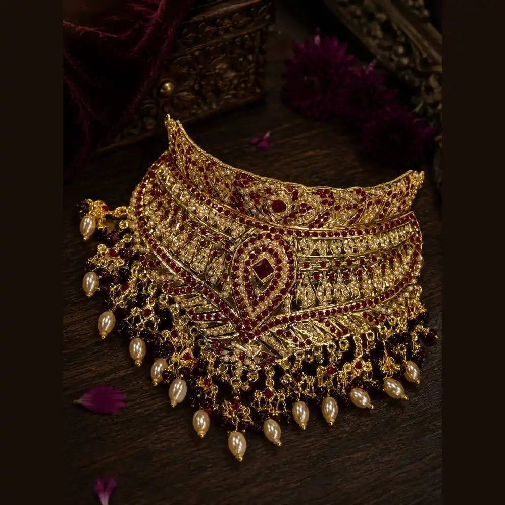 Royal Red Crystal Choker Necklace Set with Earrings – Handmade Gold-Plated Bridal Jewellery