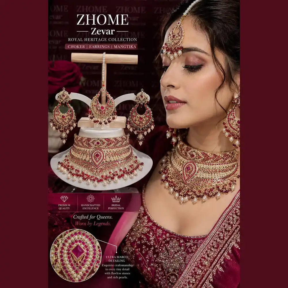 Royal Red Crystal Choker Necklace Set with Earrings – Handmade Gold-Plated Bridal Jewellery
