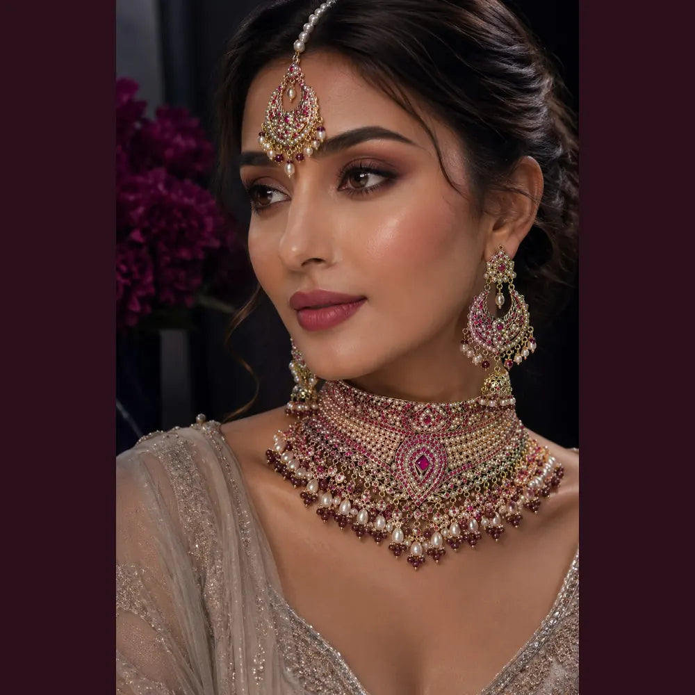 Royal Red Crystal Choker Necklace Set with Earrings – Handmade Gold-Plated Bridal Jewellery